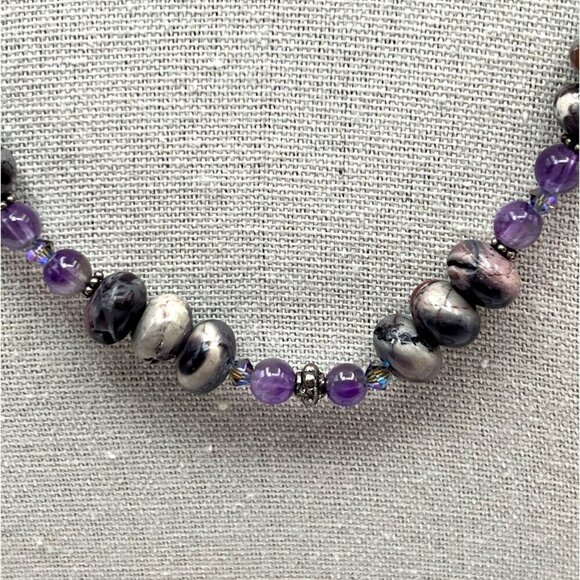 Handcrafted Purple Stone Beaded Necklace & Bracelet Set With Glass & Amethyst - Picture 3 of 12